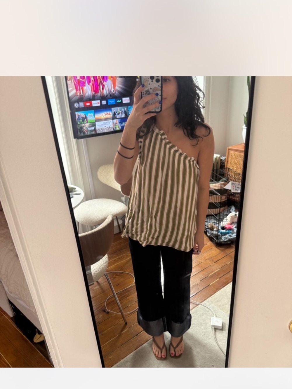 Striped One-Shoulder Green and White Women’s Top